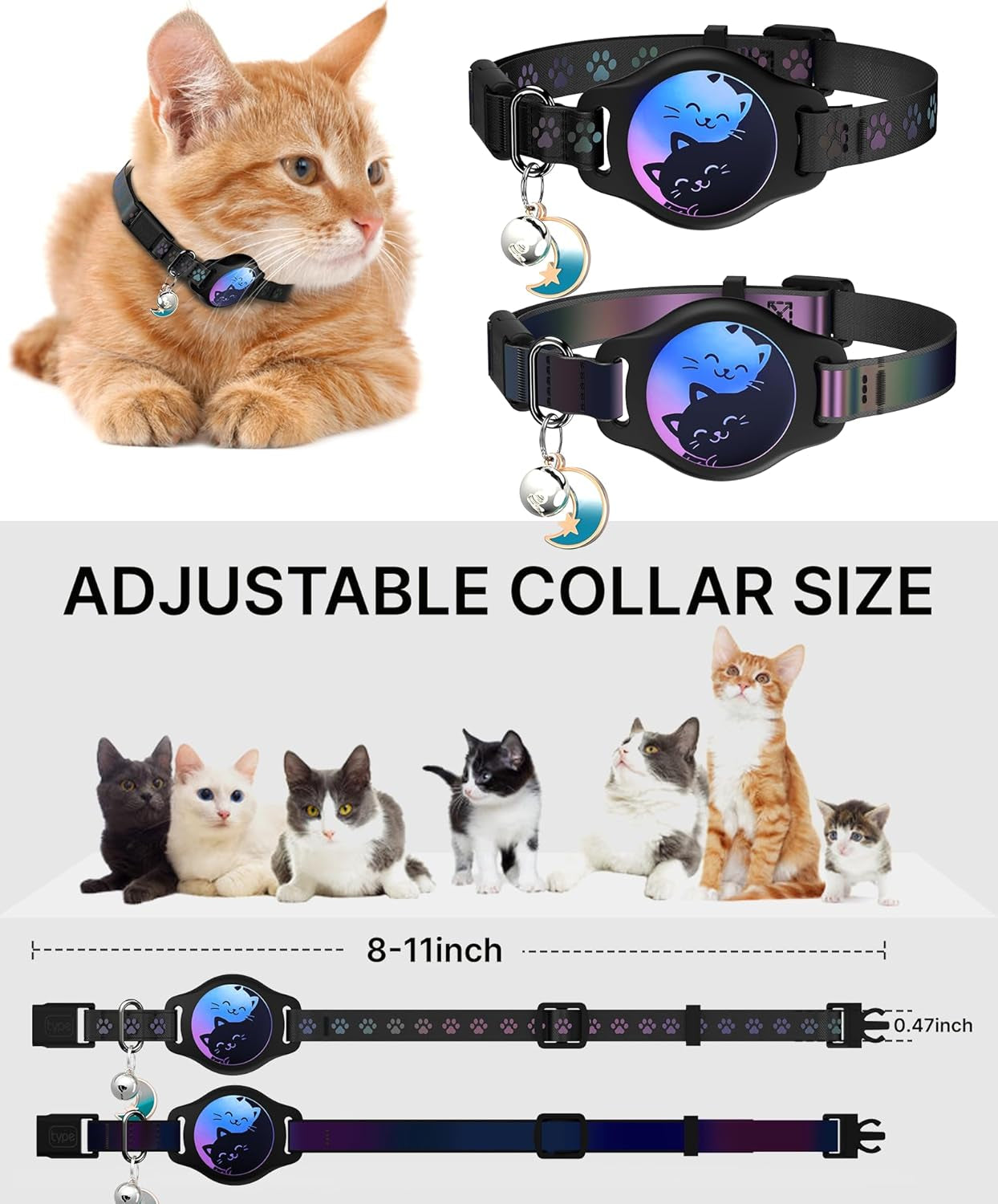Breakaway Cat Collar with Apple AirTag Holder - 2 Pack Reflective Waterproof Design with Bell, Adjustable 8-12 Inches, Lightweight and Comfortable Tracking Solution
