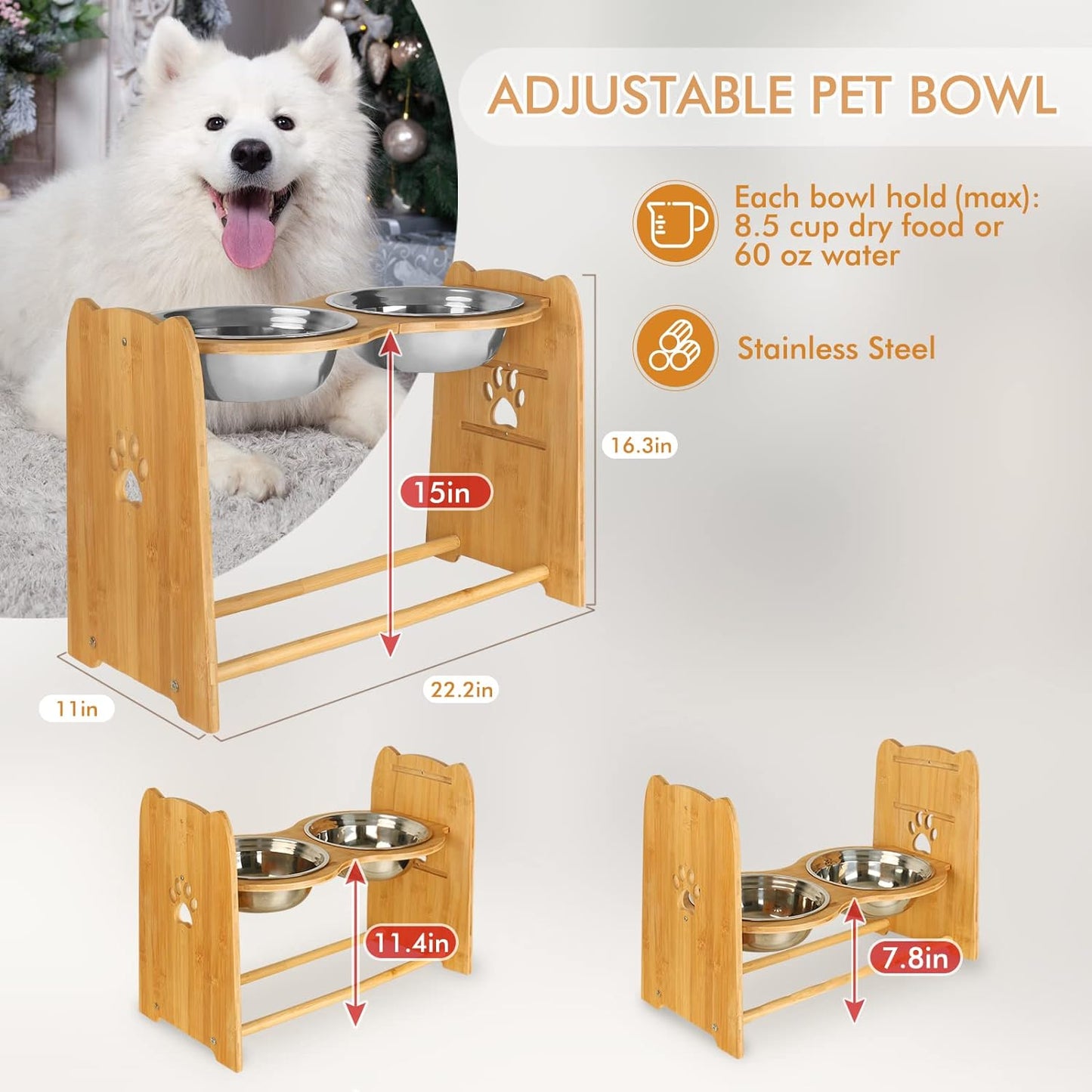 Adjustable Bamboo Elevated Dog and Cat Bowls with Stainless Steel Anti-Slip Feet, Suitable for Large Dogs, Height Adjustable from 7.9" to 15