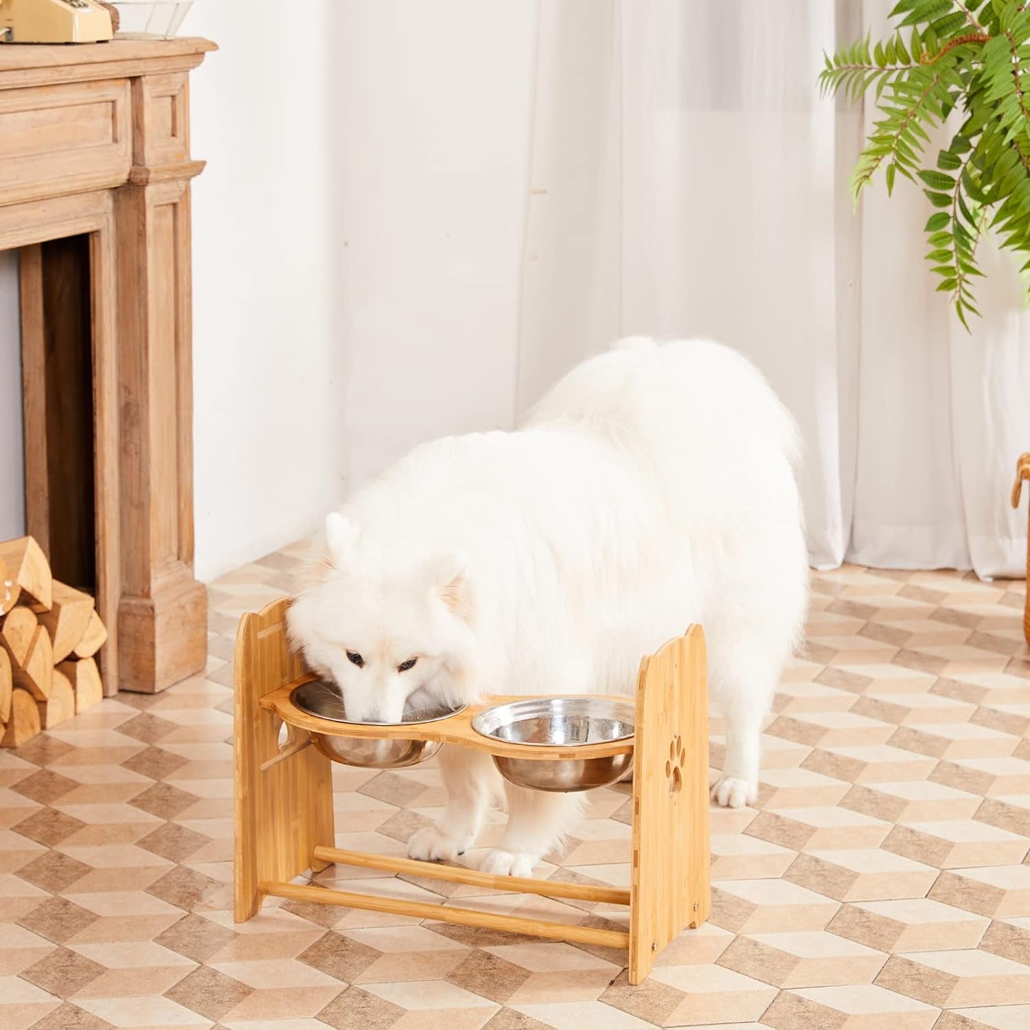 Adjustable Bamboo Elevated Dog and Cat Bowls with Stainless Steel Anti-Slip Feet, Suitable for Large Dogs, Height Adjustable from 7.9" to 15