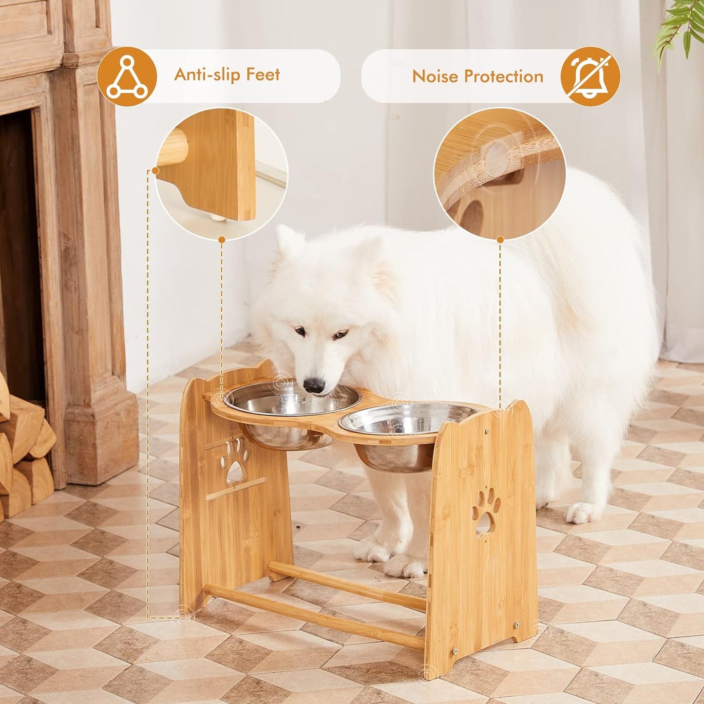 Adjustable Bamboo Elevated Dog and Cat Bowls with Stainless Steel Anti-Slip Feet, Suitable for Large Dogs, Height Adjustable from 7.9" to 15