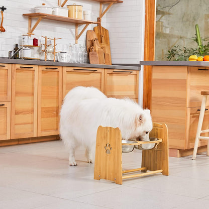Adjustable Bamboo Elevated Dog and Cat Bowls with Stainless Steel Anti-Slip Feet, Suitable for Large Dogs, Height Adjustable from 7.9" to 15