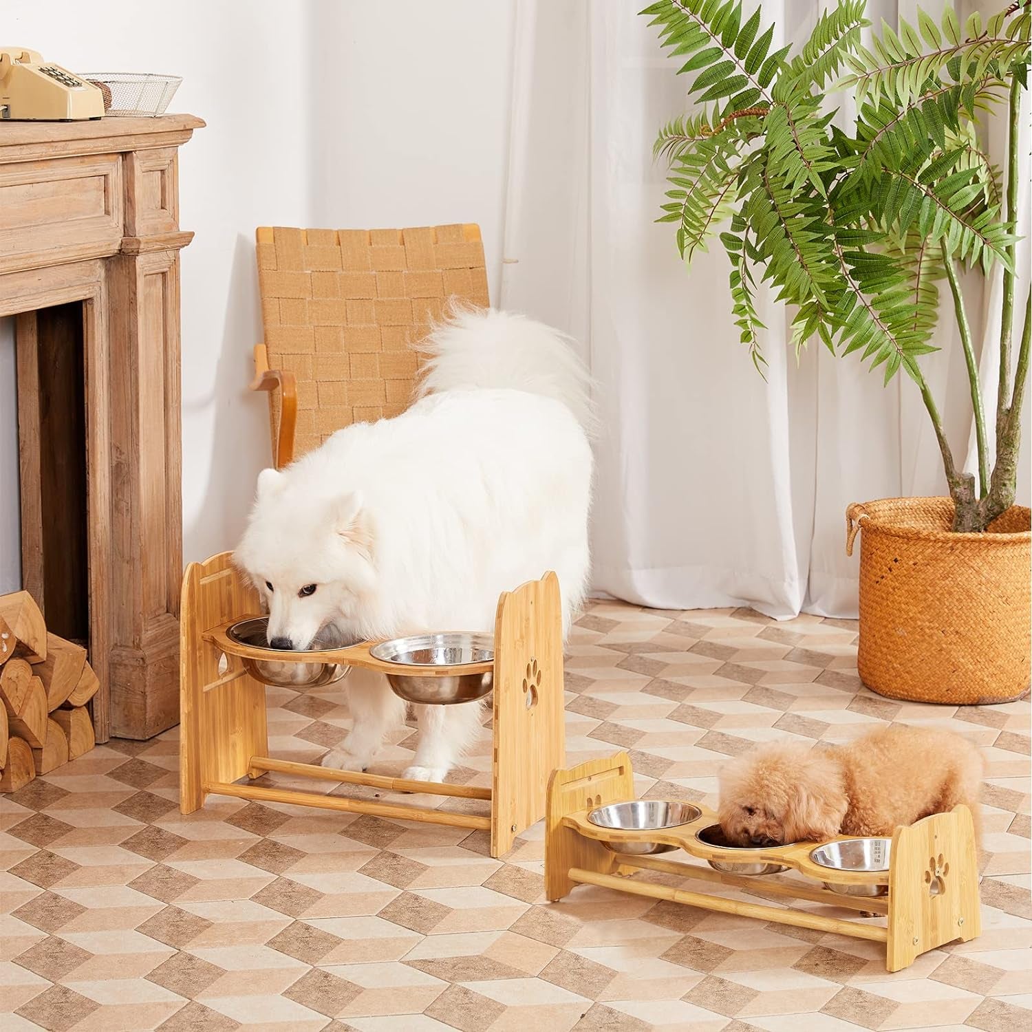 Adjustable Bamboo Elevated Dog and Cat Bowls with Stainless Steel Anti-Slip Feet, Suitable for Large Dogs, Height Adjustable from 7.9" to 15