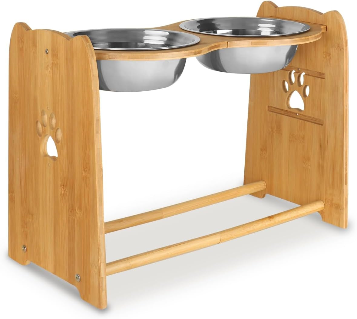 Adjustable Bamboo Elevated Dog and Cat Bowls with Stainless Steel Anti-Slip Feet, Suitable for Large Dogs, Height Adjustable from 7.9" to 15